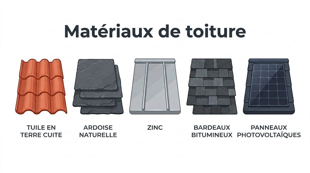 Illustration comparative de 5 matériaux de toiture