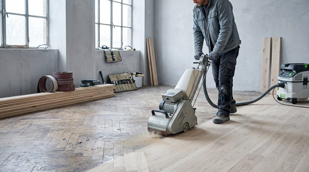 Rénovation d'un parquet rayé par la technique de ponçage.