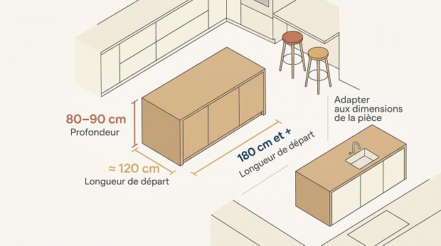 Infographie vectorielle présentant les dimensions idéales pour un îlot central de cuisine : profondeur de 80 à 90 cm et longueurs conseillées.