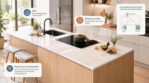 Îlot central de cuisine contemporaine bleu vert avec plan de travail sombre, intégrant un évier inox et une plaque de cuisson à induction.