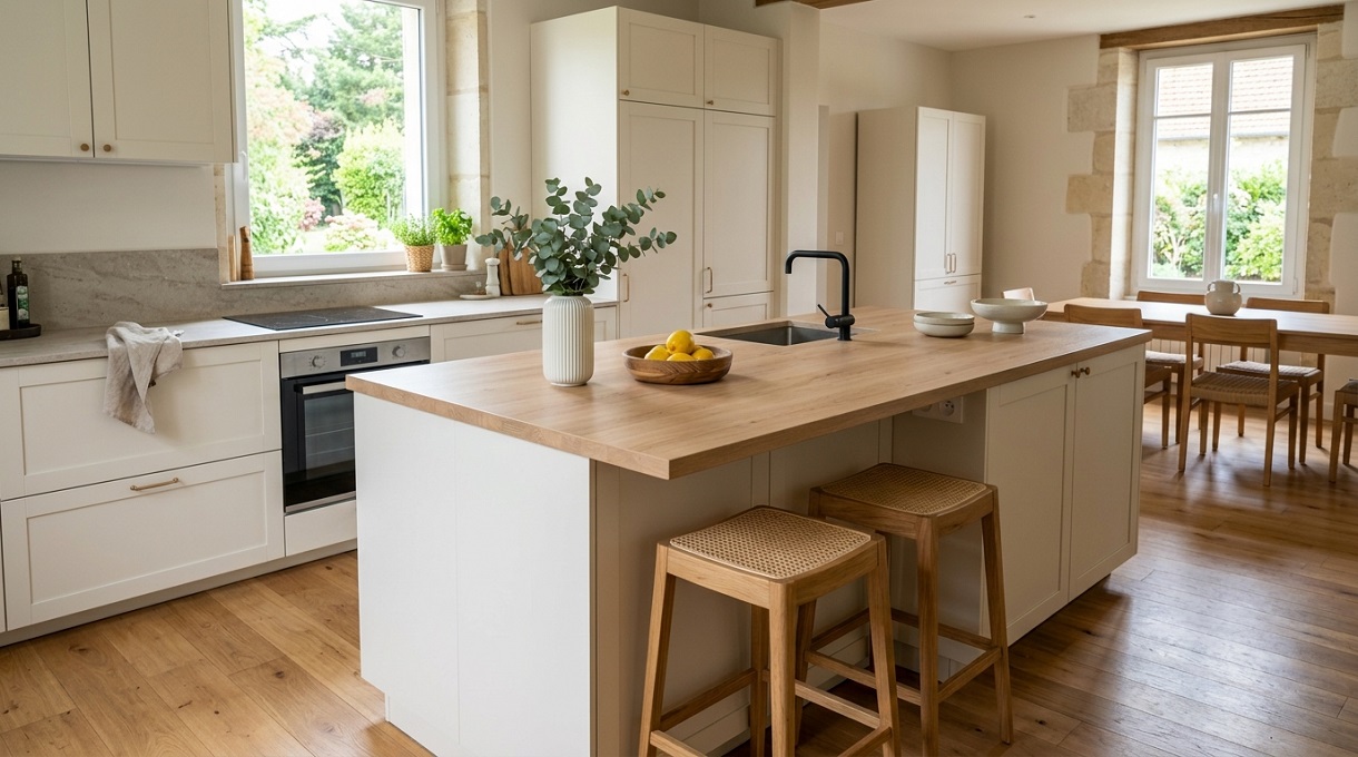 Îlot central en bois et blanc dans une cuisine ouverte contemporaine, illustrant les proportions et espaces de circulation autour de l'îlot.