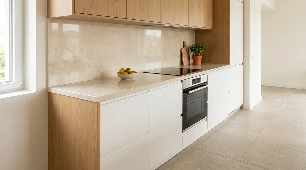 Cuisine lumineuse montrant l'association d'une crédence claire, d'un plan de travail en quartz beige et d'un sol en grès cérame.