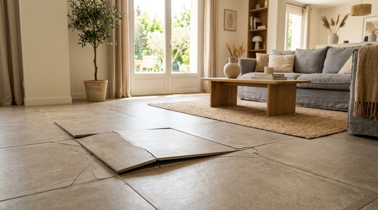 Carrelage en grès cérame qui se soulève au centre d'un salon moderne et lumineux