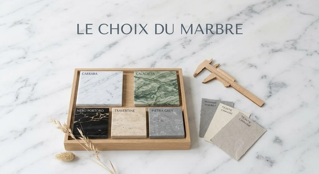 Présentation épurée d'échantillons de marbres aux nuances et veinages variés (Carrara, Calacatta, Travertin) dans un plateau en bois, illustrant le choix de la pierre pour un projet sur mesure.