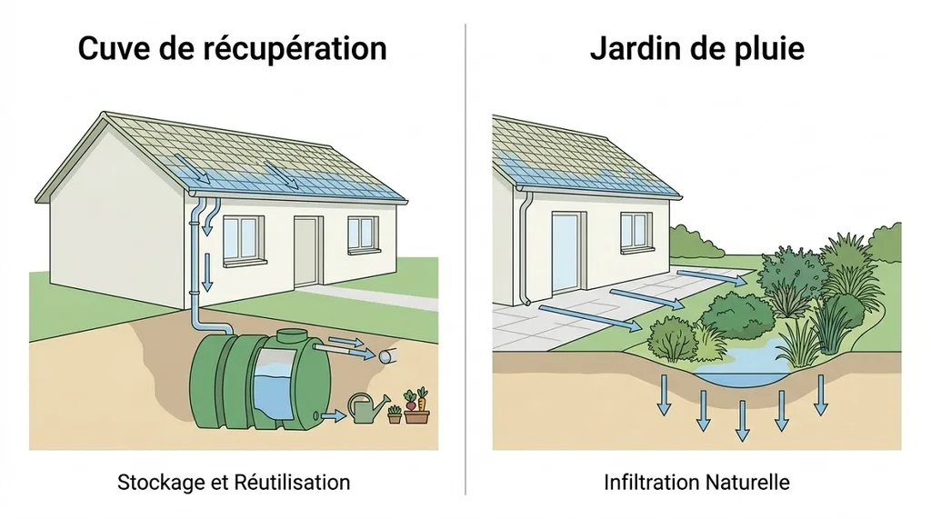 Illustration comparative en deux panneaux : à gauche, le stockage et la réutilisation de l'eau de pluie via une cuve ; à droite, l'infiltration naturelle de l'eau dans le sol par un jardin de pluie.