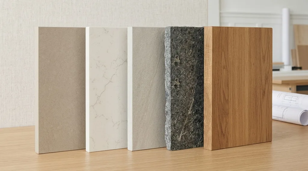 Comparatif de 5 matériaux pour plan de travail de cuisine : stratifié beige, quartz blanc veiné, céramique gris clair et bois massif en chêne.