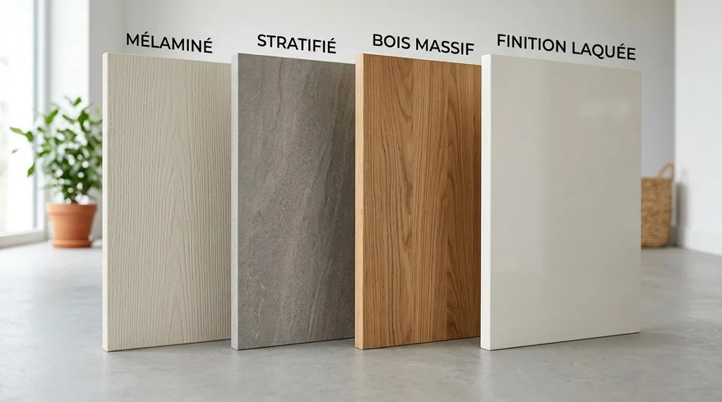 Comparatif visuel de quatre échantillons de façades de cuisine : mélaminé, stratifié, bois massif et finition laquée.