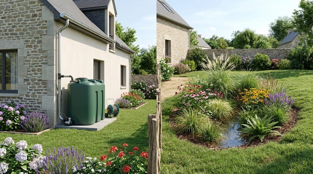 Comparatif visuel entre une cuve de récupération d'eau de pluie raccordée à une maison individuelle et un jardin de pluie paysager favorisant l'infiltration naturelle.