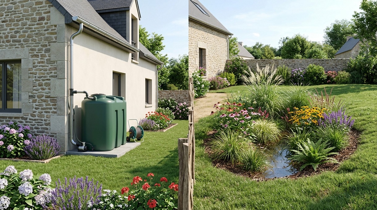 Comparatif visuel entre une cuve de récupération d'eau de pluie raccordée à une maison individuelle et un jardin de pluie paysager favorisant l'infiltration naturelle.