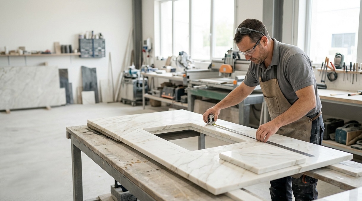 Marbrier mesurant avec précision une plaque de marbre blanc ivoire sur mesure dans un atelier lumineux.