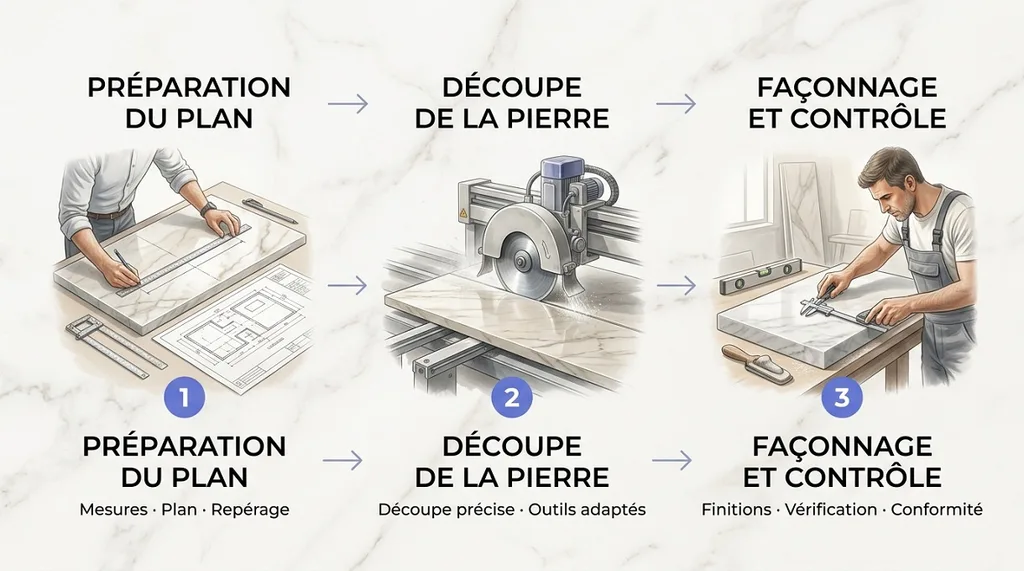 Infographie illustrant les 3 étapes de la découpe de marbre sur mesure : la préparation du plan et la prise de mesures, la découpe de précision en atelier, et le façonnage des chants avec contrôle qualité.