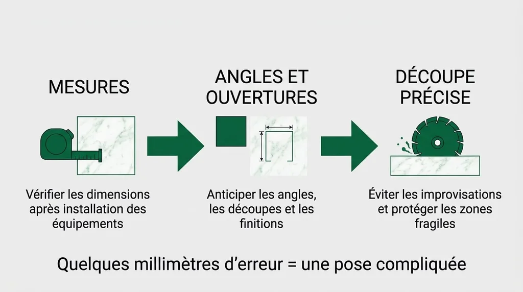 Schéma récapitulatif des bonnes pratiques pour la découpe du marbre en 3 étapes.