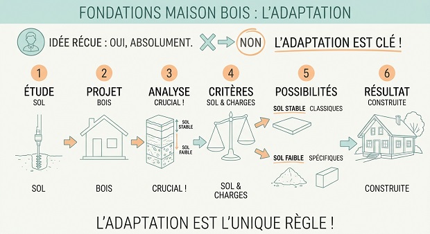 chéma minimaliste expliquant qu'une maison en bois ne nécessite pas forcément des fondations spécifiques, mais une adaptation selon le type de sol et les charges.