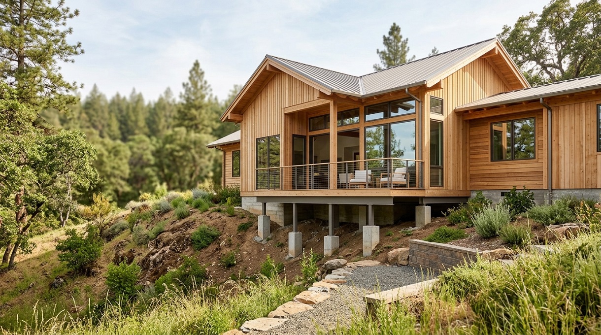 Maison contemporaine à ossature bois construite en pente sur fondations adaptées à la nature du terrain