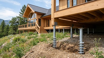 Maison en bois contemporaine ancrée dans le terrain grâce à des pieux vissés métalliques