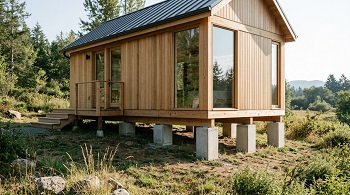 Petite maison contemporaine à ossature bois élevée sur des plots en béton formant des appuis ponctuels