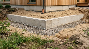 semelle de fondation superficielle en béton sous la structure d'une maison en bois.