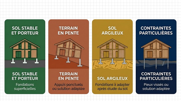 Infographie comparative des types de fondations pour une maison en bois selon la nature du terrain : sol stable, pente, sol argileux et contraintes particulière.