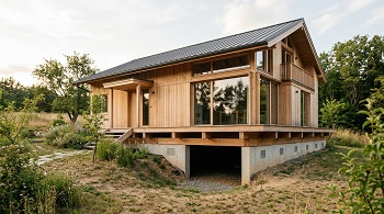 Maison contemporaine à ossature bois surélevée avec un vide sanitaire ventilé visible sous la structure