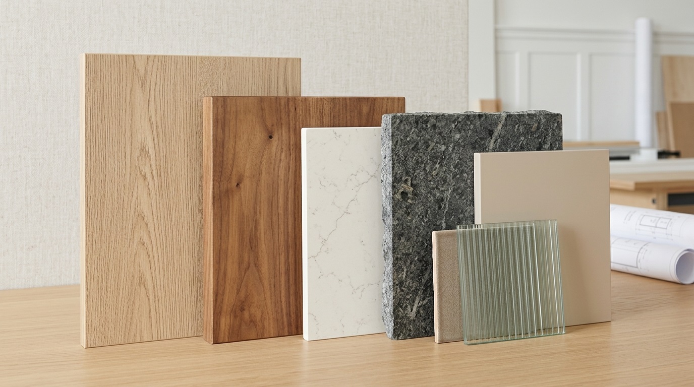 Composition d'échantillons de matériaux de cuisine bois clair, quartz blanc veiné, granit brut et façade mate neutre