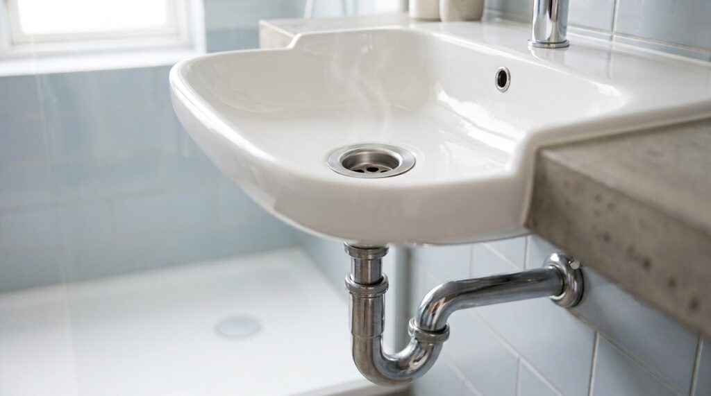 bonde de lavabo et de son siphon de canalisation avec un léger effet translucide pour illustrer les remontées d'odeurs dans une salle de bains.