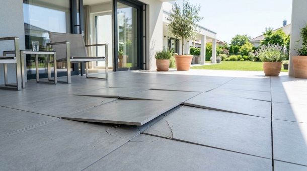 Plusieurs carreaux de carrelage gris perle qui se soulèvent en formant une bosse sur le sol d'une terrasse extérieure moderne.