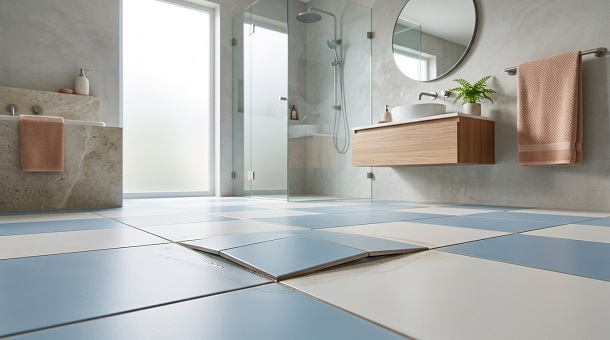 zone de carrelage bleu et blanc légèrement soulevée sur le sol d'une salle de bain contemporaine et lumineuse. Un joint de carrelage est plus sombre, suggérant de l'humidité.