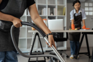 Maid Housekeeper Service Wear Apron And Vacuuming Messy Dirty Floor For Housekeeping Housework And Chores In House
