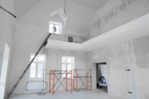 A Room In A Two Story House Under Construction. Repair And Construction Works.