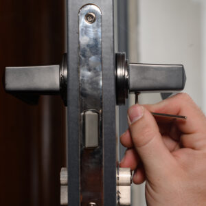 Hex Key And Installation Of Door Lock And Handle, Close Up Of Installation Work.